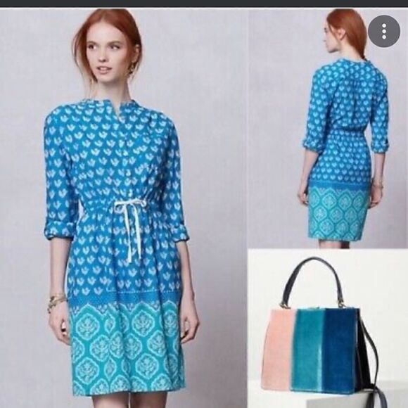 Anthropology meadow Rue 10 Anika cuff up turquoise floral pattern shirt dress - Picture 1 of 11